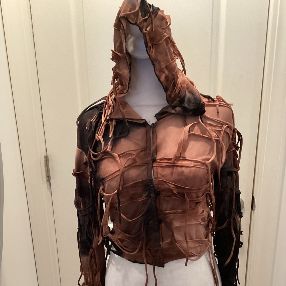 Tie-Dye Brown & Black Hooded Mesh Tassel Jacket - Picture 1 of 6